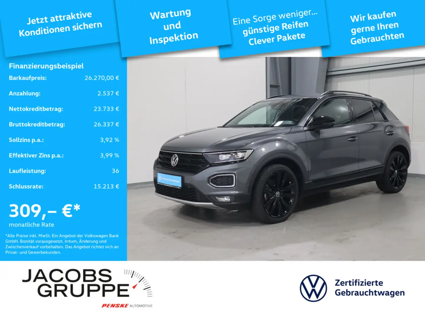 Volkswagen T-Roc Sport 1.5 TSI DSG Navi*AHK*CAM*SHZ Black Style Grijs - 1