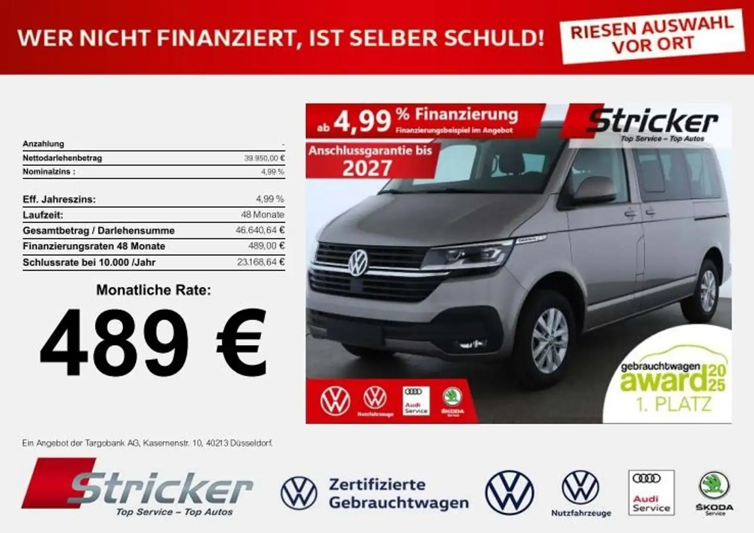 Volkswagen T6 Caravelle 2.0TDI Kurz 489,-ohne Anzahlung Parkpilot Sitzhei Beige - 2