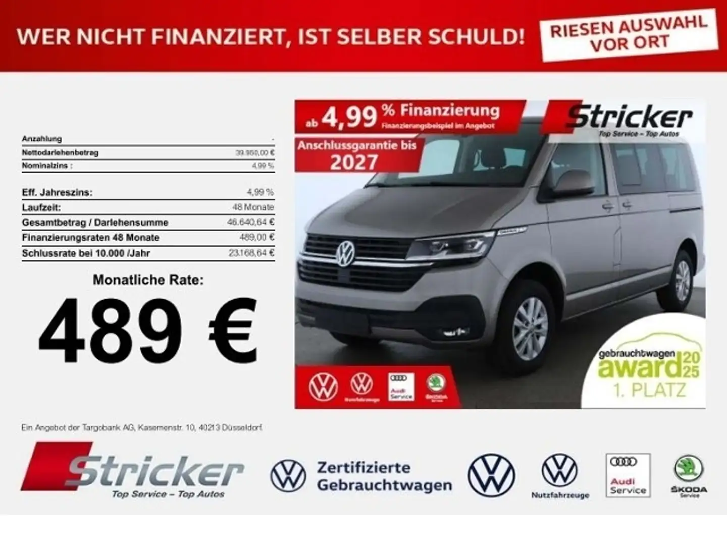 Volkswagen T6 Caravelle 2.0TDI Kurz 489,-ohne Anzahlung Parkpilot Sitzhei Beige - 1
