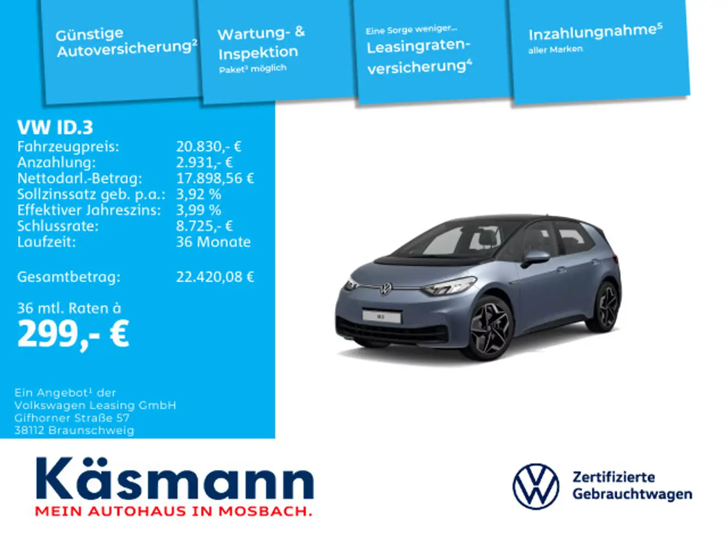 Volkswagen ID.3 Pro 58kWh NAVI KAM SHZ ACC KEYLESS Bleu - 1