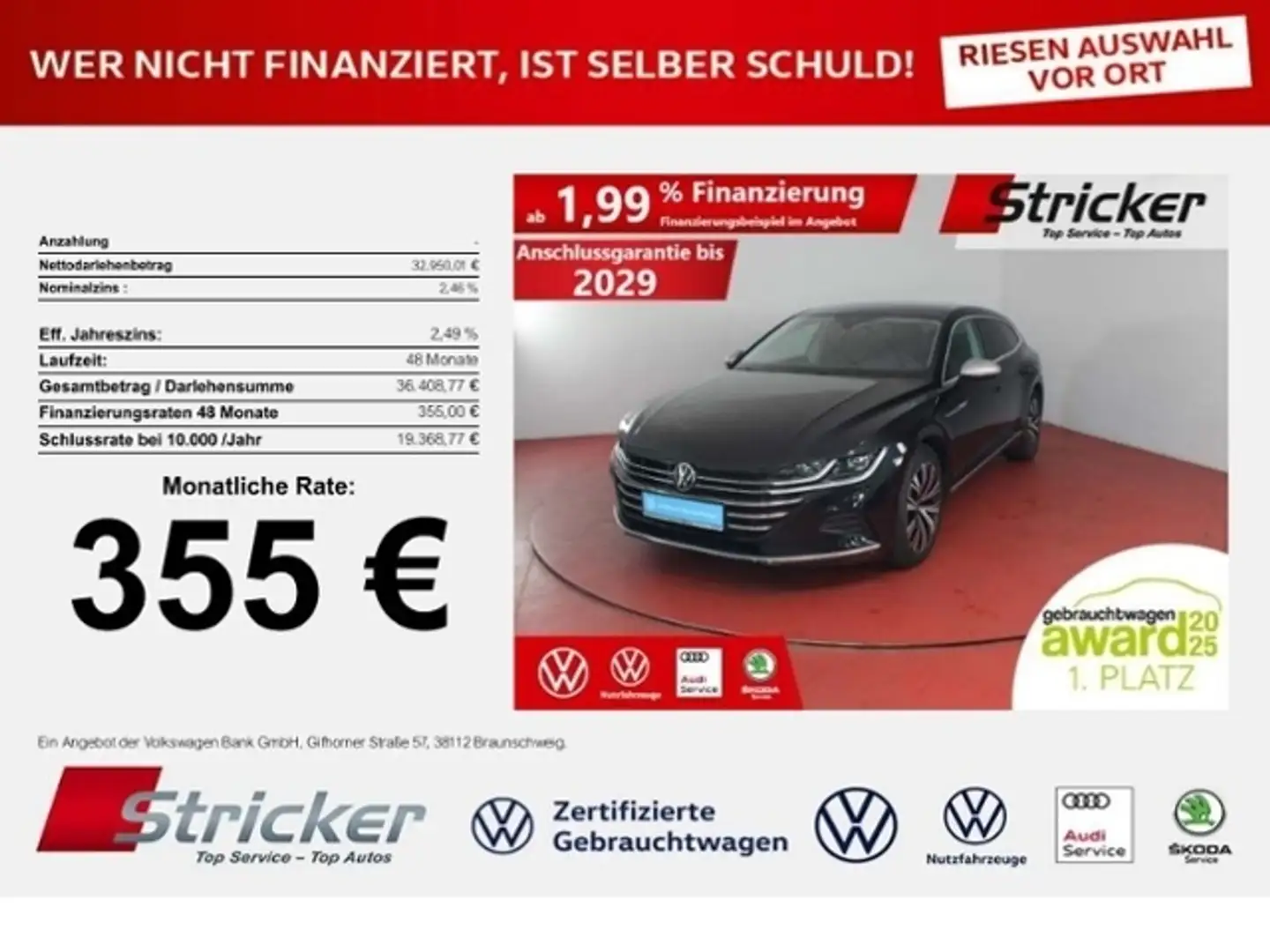 Volkswagen Arteon SB Elegance 1.4TSI e-Hybrid 355,-ohne Anzahlung A Schwarz - 1