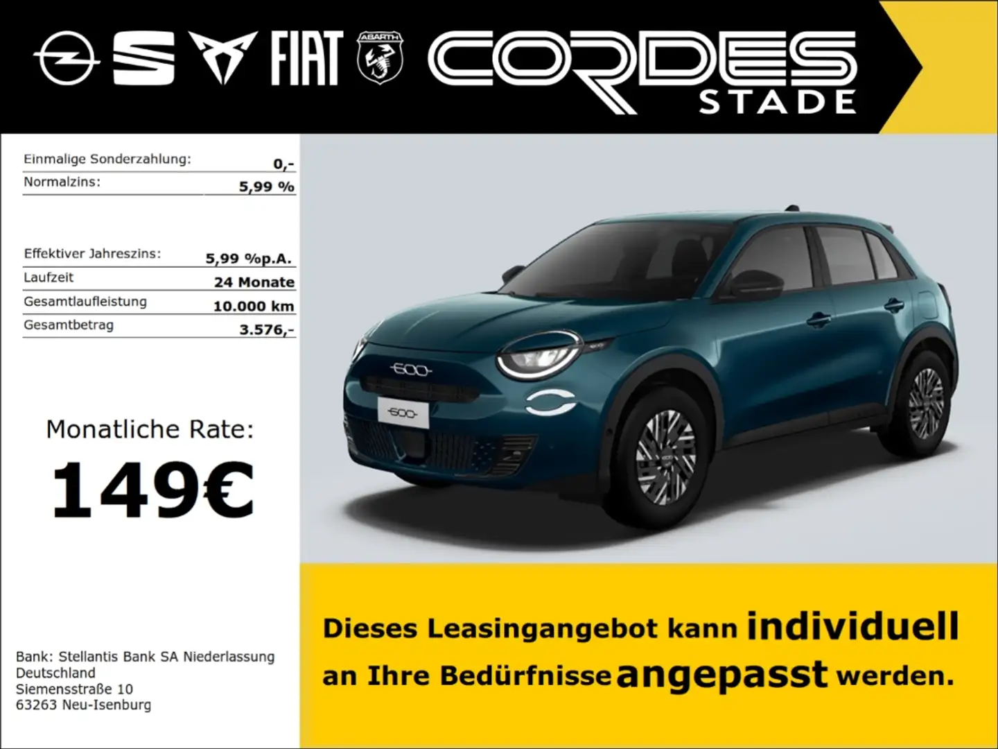 Fiat 600 125Jahre AT Special Leasing 149€ ohne Anzahlung Vert - 1
