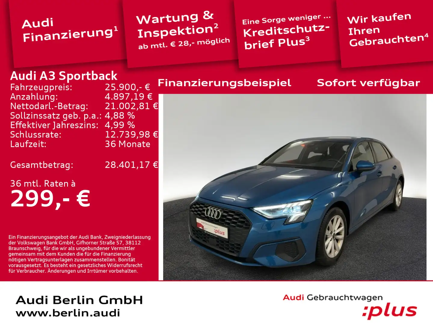 Audi A3 35 TDI S tr. LED NAVI VIRTUAL Blau - 1