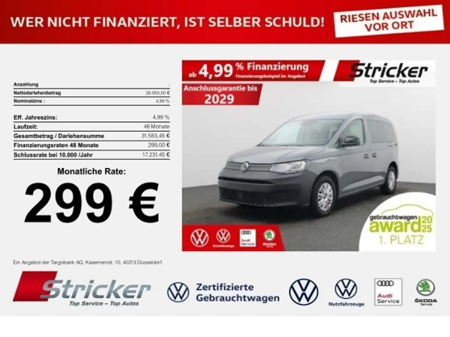 Volkswagen Caddy Kombi 2.0TDI 299,-ohne Anzahlung Kamera Navi AHK Grau - 1