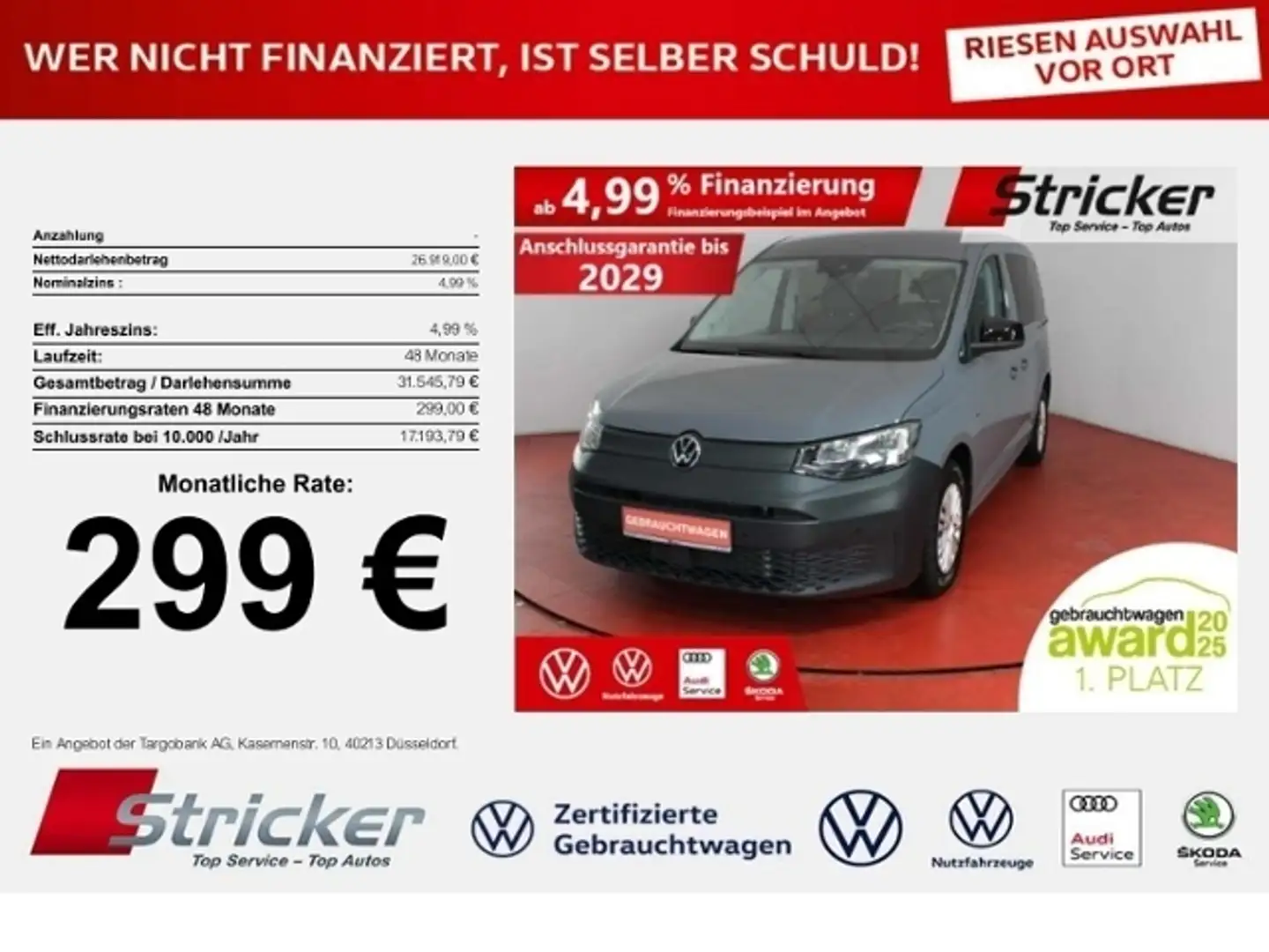 Volkswagen Caddy Kombi 2.0TDI 299,-ohne Anzahlung Kamera Navi AHK Grau - 1