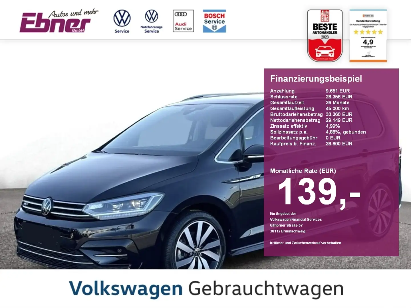 Volkswagen Touran R-LINE 1.5TSI DSG 7SITZE AHK+KAMERA+LED+NAVI+18 AL Schwarz - 1