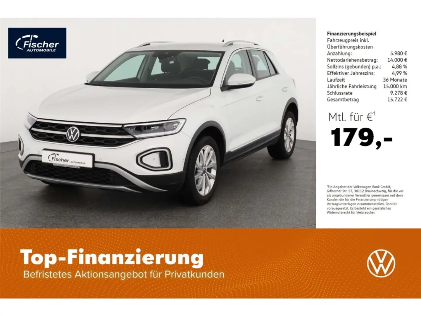 Volkswagen T-Roc 1.0 TSI Style 6-Gg. LED/ACC/SH/Klima/DAB+ Weiß - 1