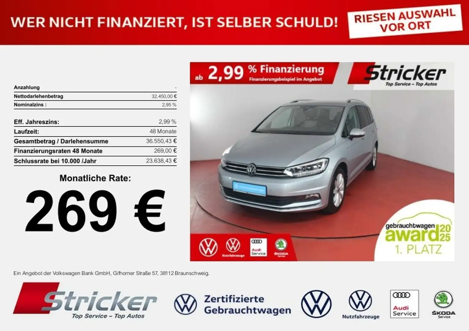 Volkswagen Touran Highline 2.0TDI DSG 269,-ohne Anzahlung Kamera AC Silber - 1