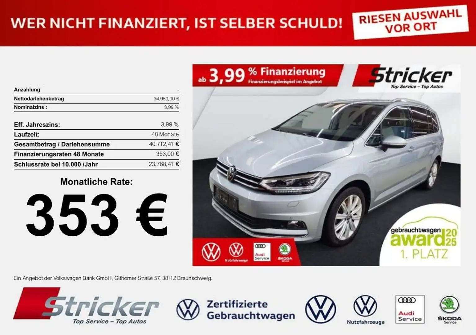 Volkswagen Touran Highline 2.0TDI DSG 353,-ohne Anzahlung Kamera AC Silber - 1