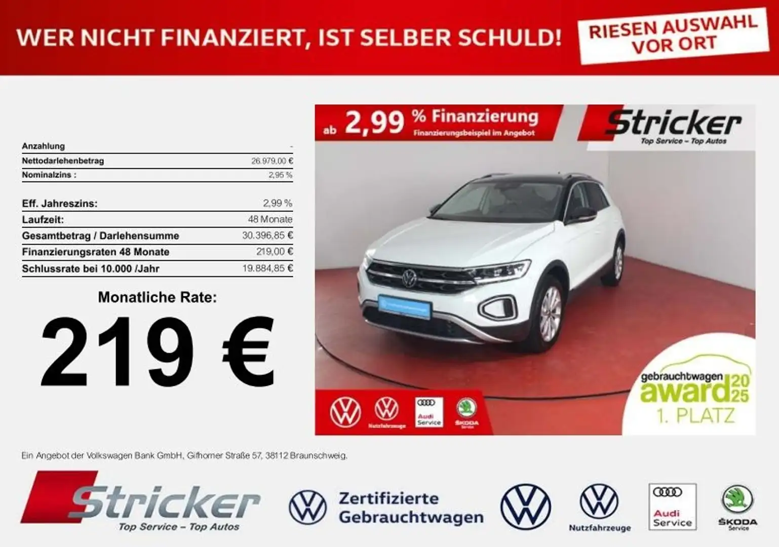 Volkswagen T-Roc Style 1.5TSI DSG 219,-ohne Anzahlung Navi AHK Weiß - 1