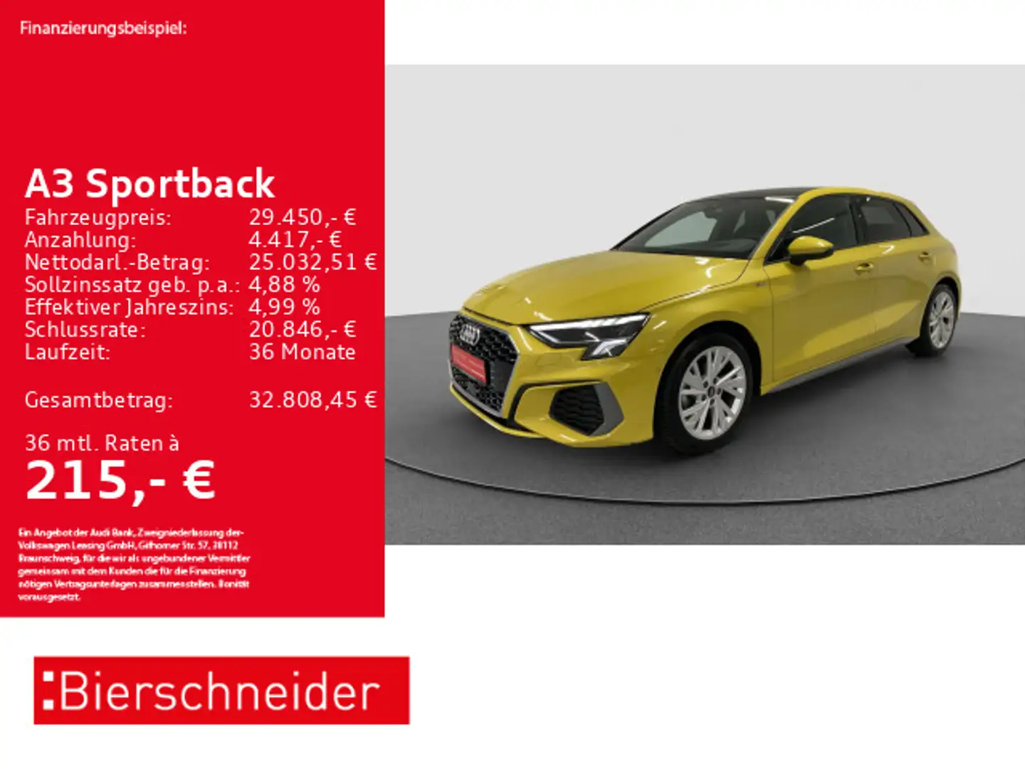Audi A3 30 TDI S-Line PANO B&O HuD ACC NAVI Gelb - 1