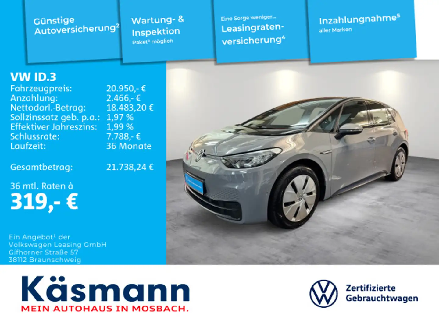 Volkswagen ID.3 Pro Performance 58kWh KAM ACC SHZ KEYLESS Grau - 1