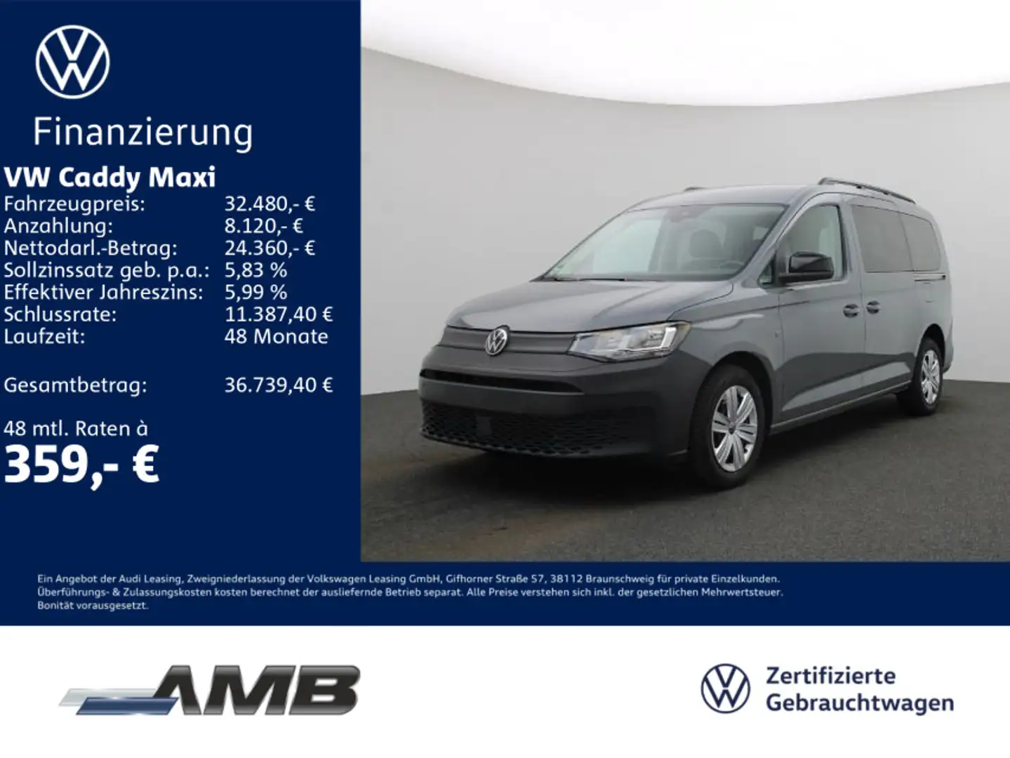 Volkswagen Caddy Kombi 2.0 TDI AHK/Standhzg/RFK/10.29G Grau - 1