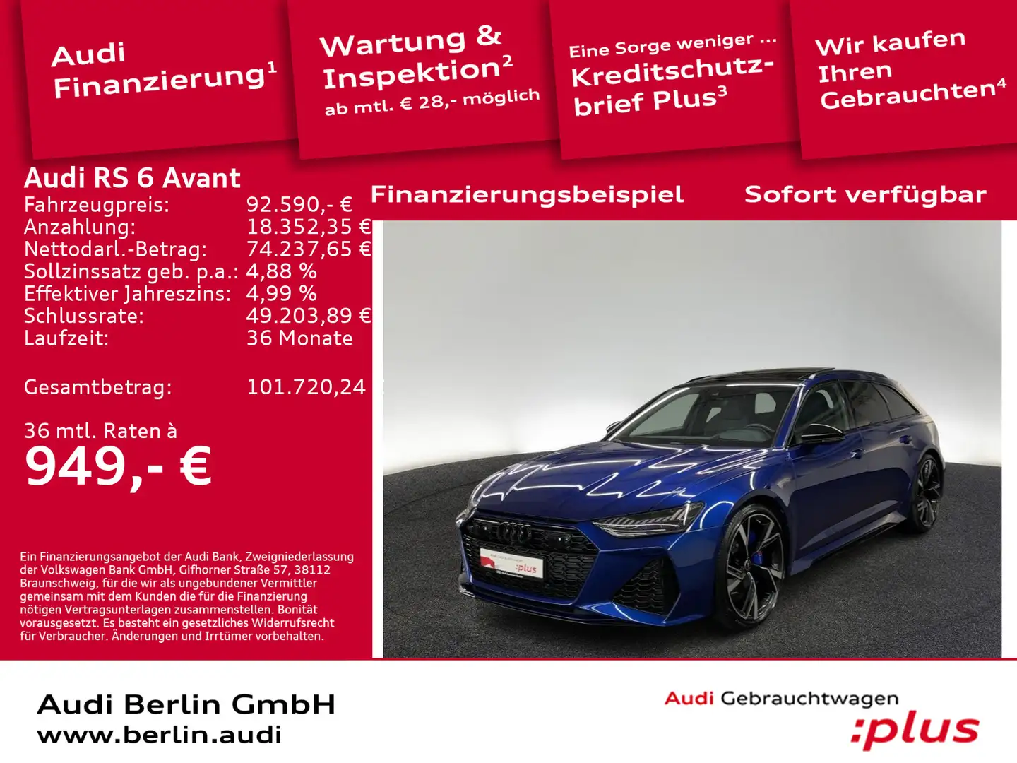 Audi RS6 tiptr. STDHZG 360°K TV HUD PANO MATRI Blau - 1