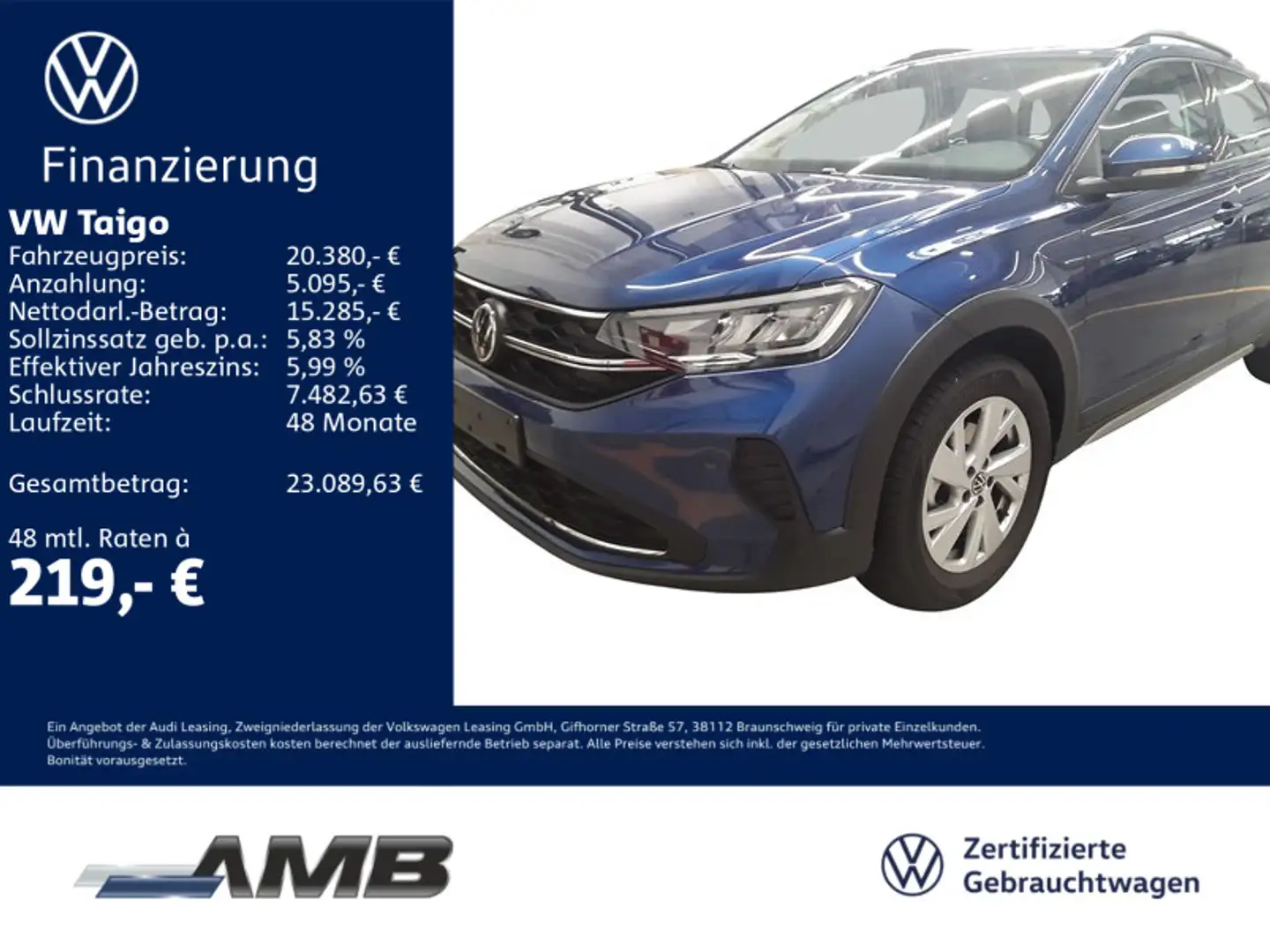 Volkswagen Taigo Life 1.0 TSI LED/Navi/Sitzhzg/bis04.30Gara Blau - 1