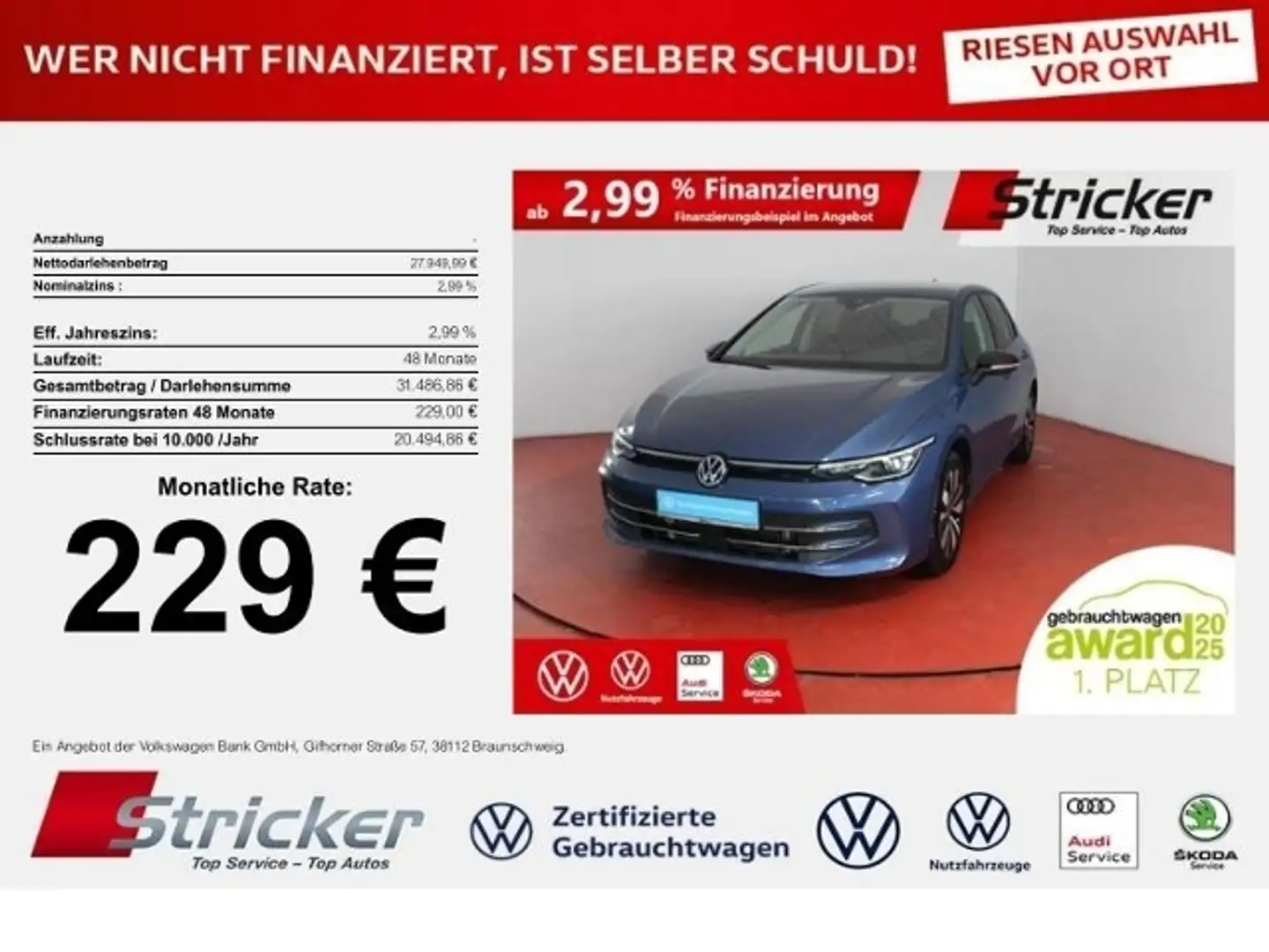 Volkswagen Golf Goal 2.0TDI DSG 229,-ohne Anzahlung Navi AHK Kame Blau - 1
