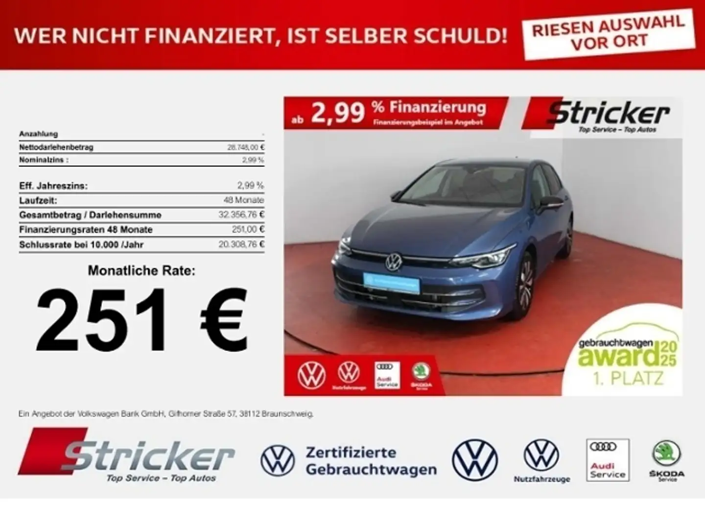 Volkswagen Golf Goal 2.0TDI DSG 251,-ohne Anzahlung Navi AHK Kame Blau - 1