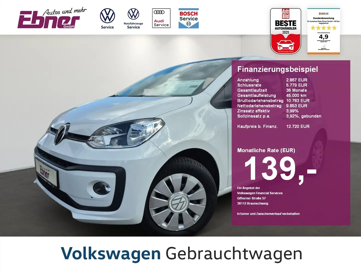 Volkswagen up! 1.0 65PS 4-TÜRER KAMERA+SITZHZG+AC-AUTOM+BLUETOOTH Weiß - 1