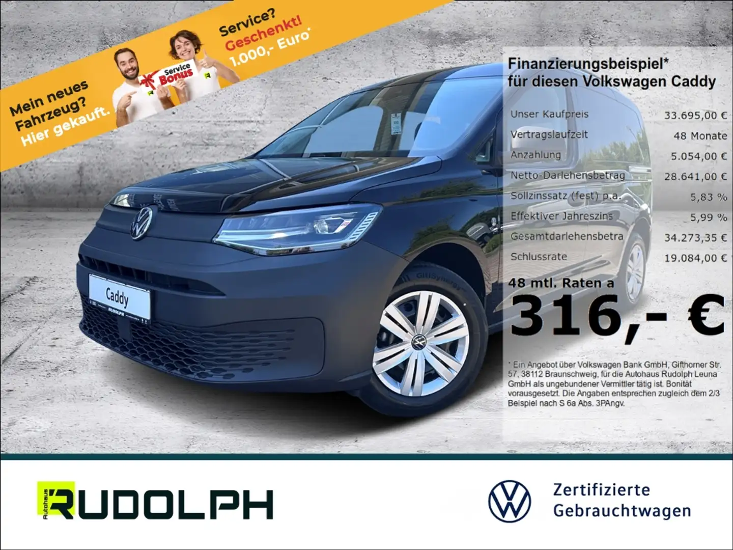 Volkswagen Caddy Kombi 2.0 TDI 5-Sitzer 6-Gang LED Navi BT Klima Schwarz - 1