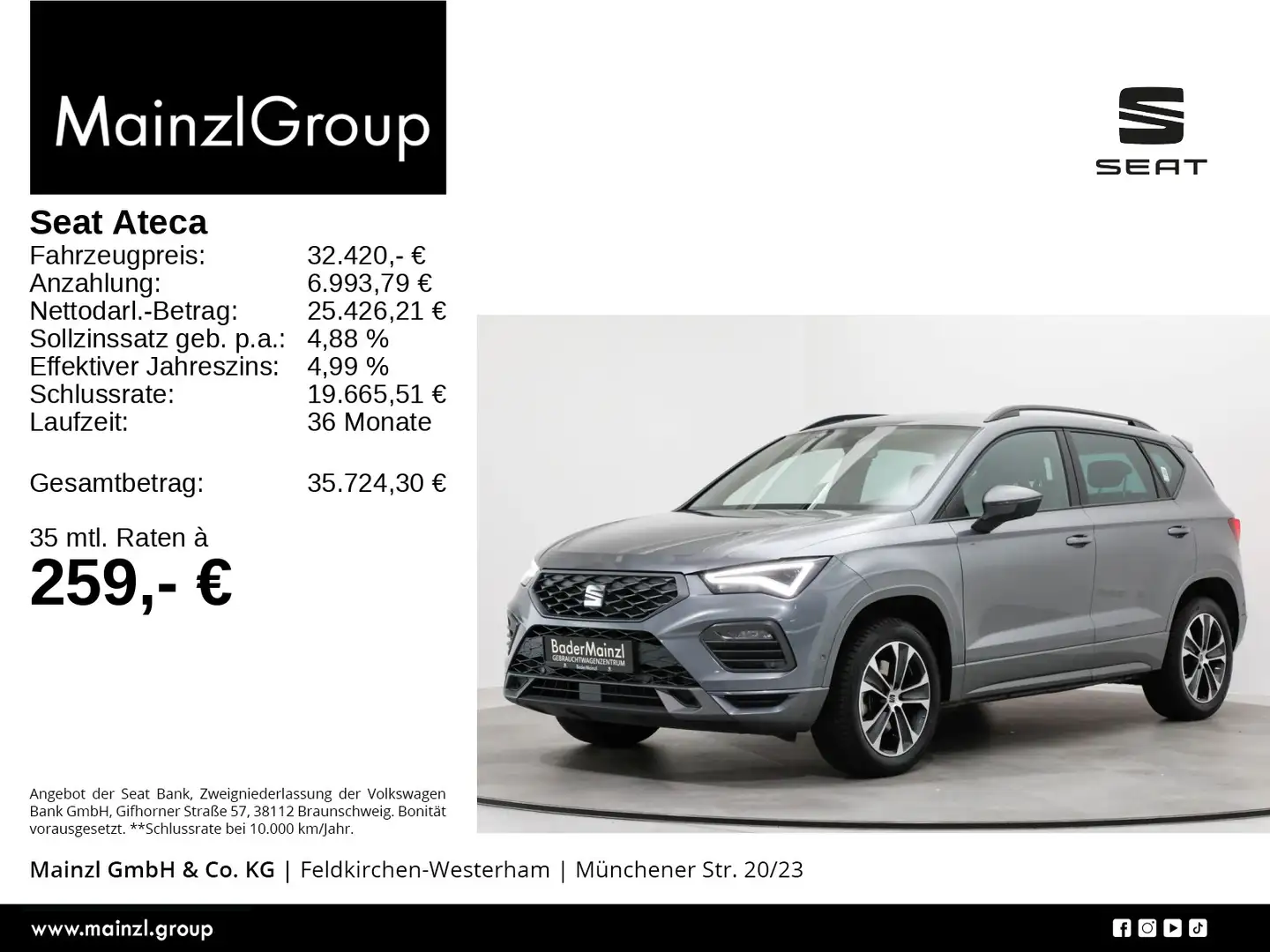 SEAT Ateca 2.0 TDI DSG FR AHK Kamera Navi ACC Keyless Grau - 1