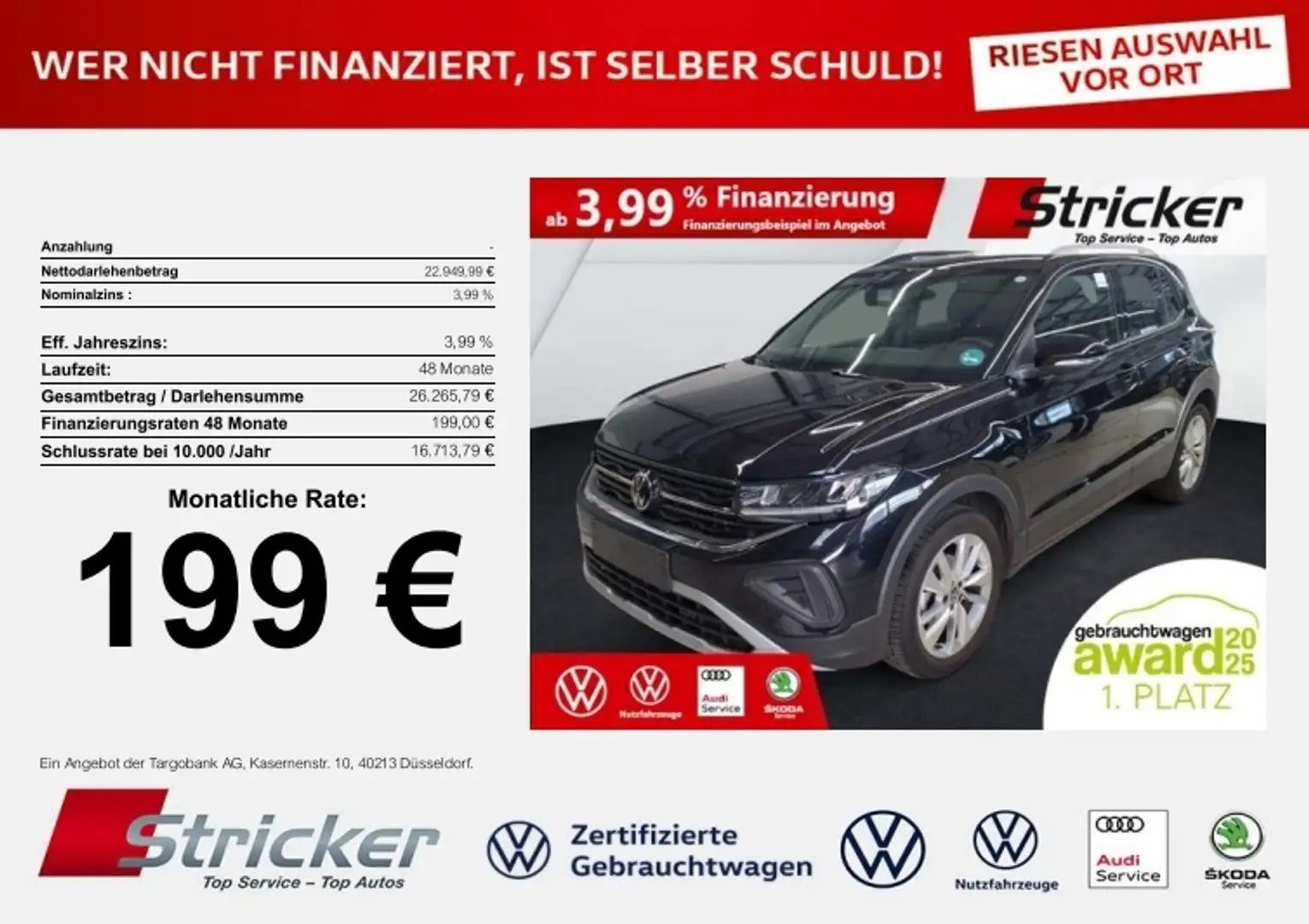 Volkswagen T-Cross Goal 1.0TSI DSG 199,-ohne Anzahlung Navi AHK ACC Schwarz - 1