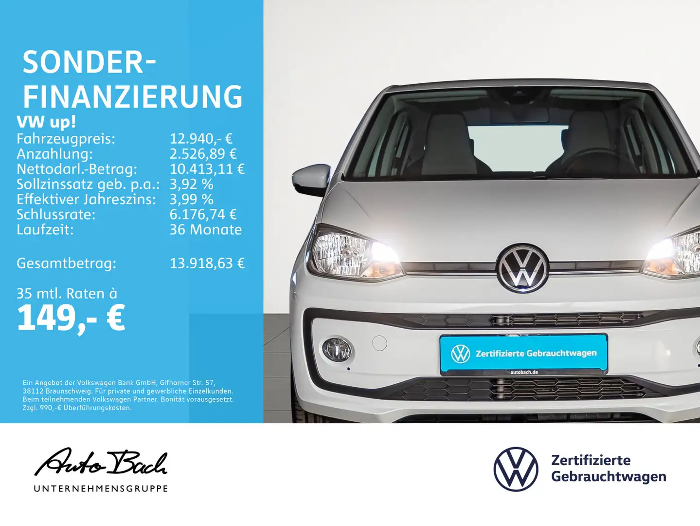 Volkswagen up! 1.0 move up! Telefonschnittstelle, Klima, Rü Weiß - 2