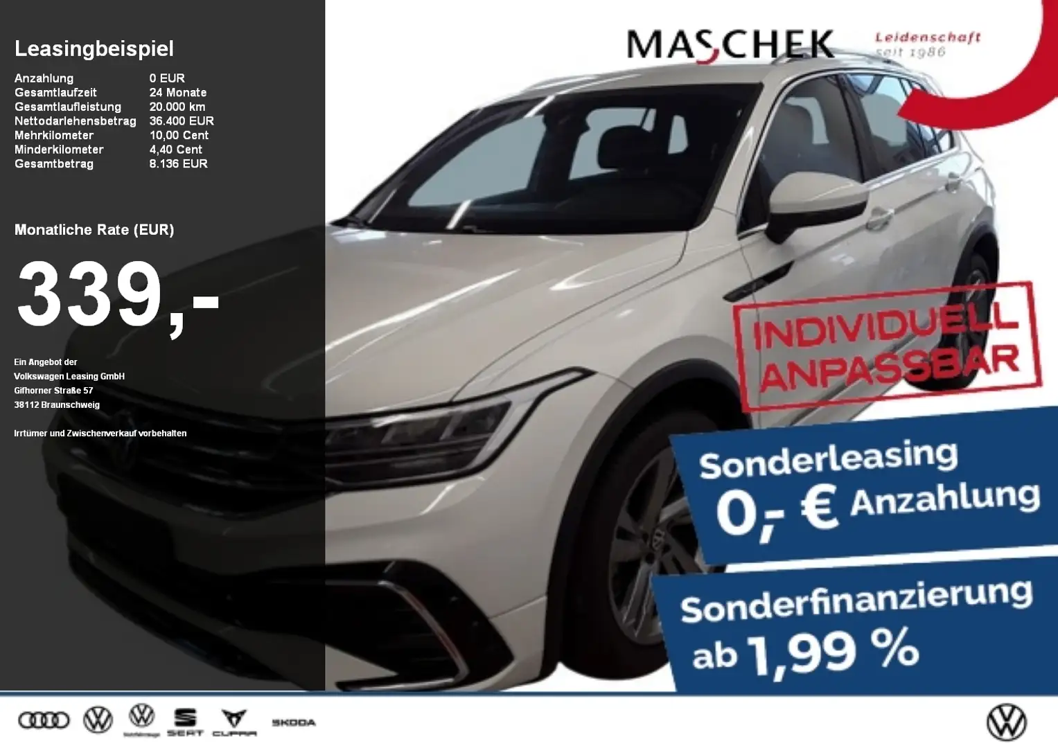 Volkswagen Tiguan R-Line 2.0 TDI Sonderleasing AHK Standh Rear View Weiß - 1