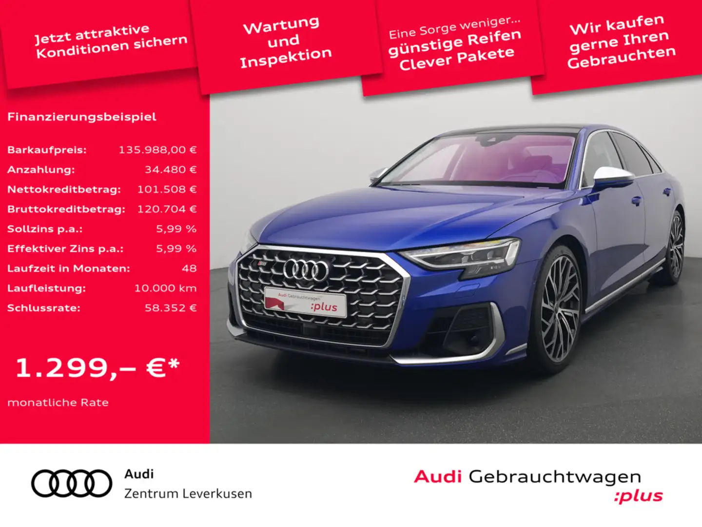 Audi S8 4.0 TFSI quattro 360° MATRIX PANO B&O KAM Bleu - 1