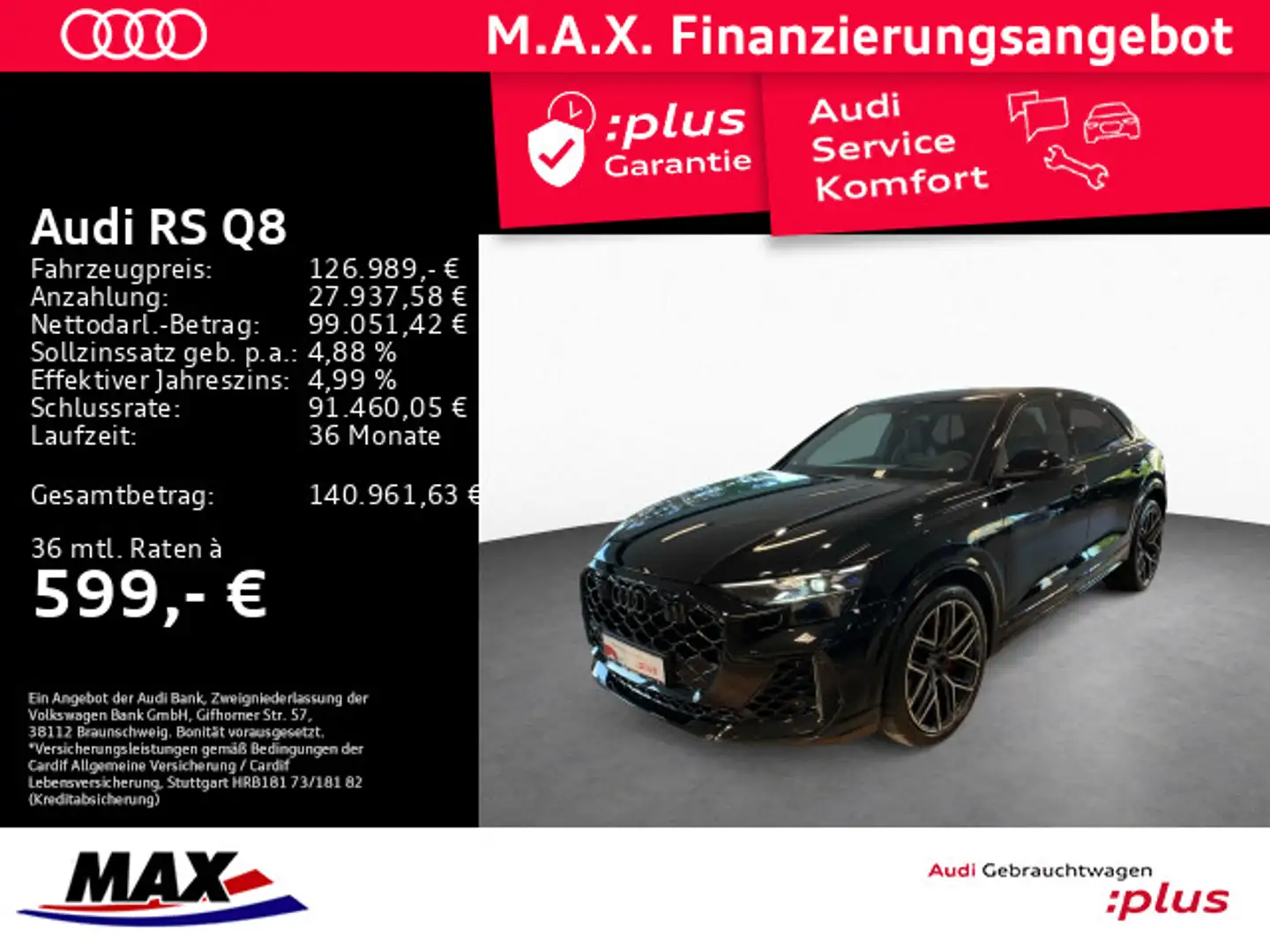 Audi RS Q8 RSQ8 HD MATRIX+LUFT+AHK+WABEN+PANO+B&O+HUD+VCP+ Schwarz - 1