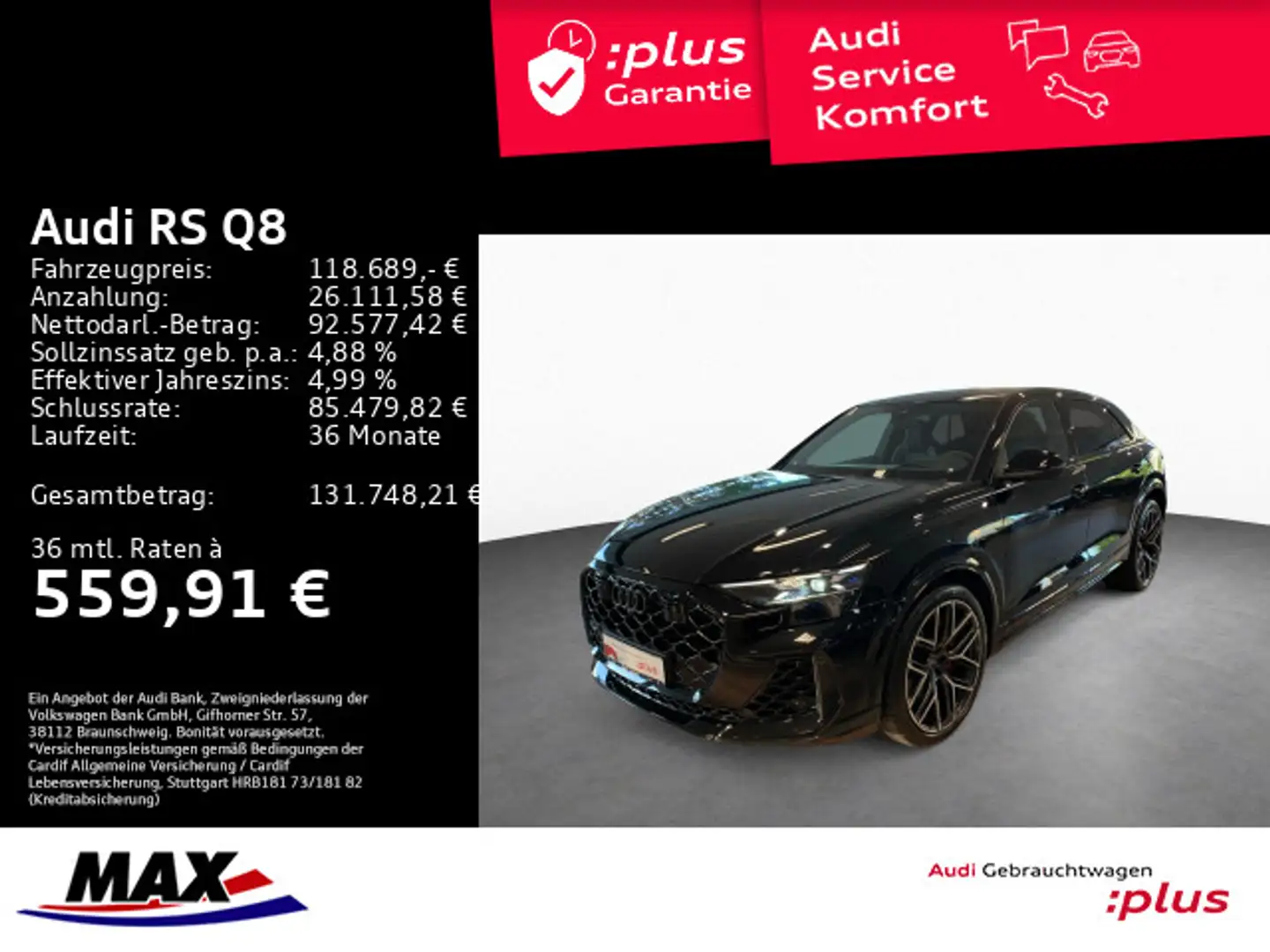 Audi RS Q8 RSQ8 HD MATRIX+LUFT+AHK+WABEN+PANO+B&O+HUD+VCP+ Negru - 1