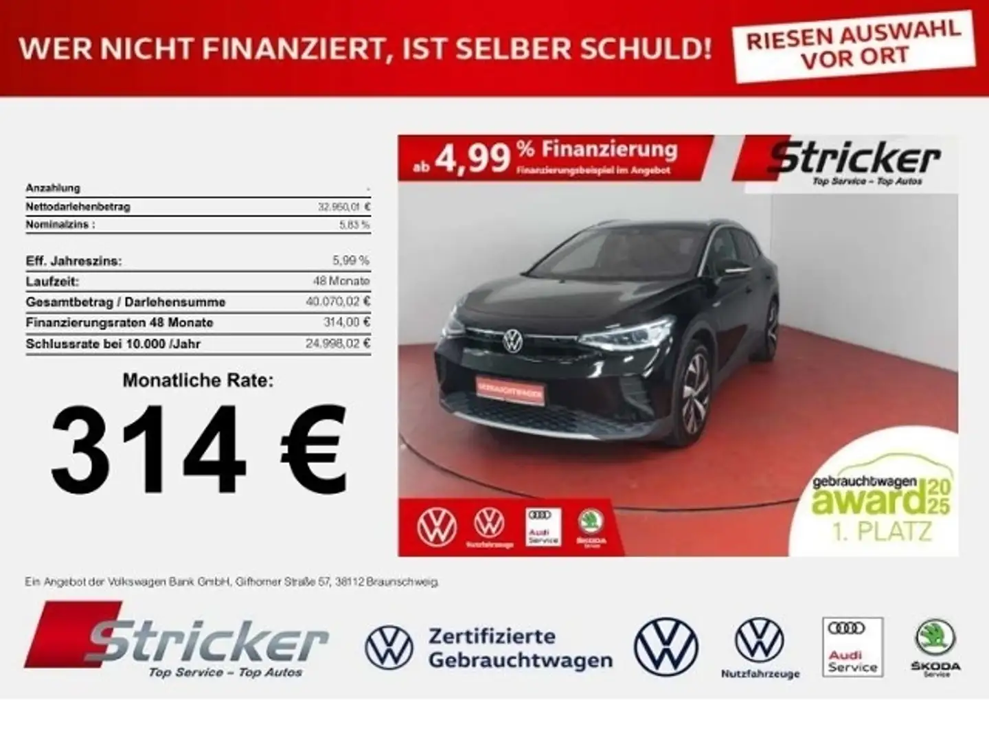 Volkswagen ID.4 Pro Performance 150/77 314,-ohne Anzahlung Navi I Nero - 1