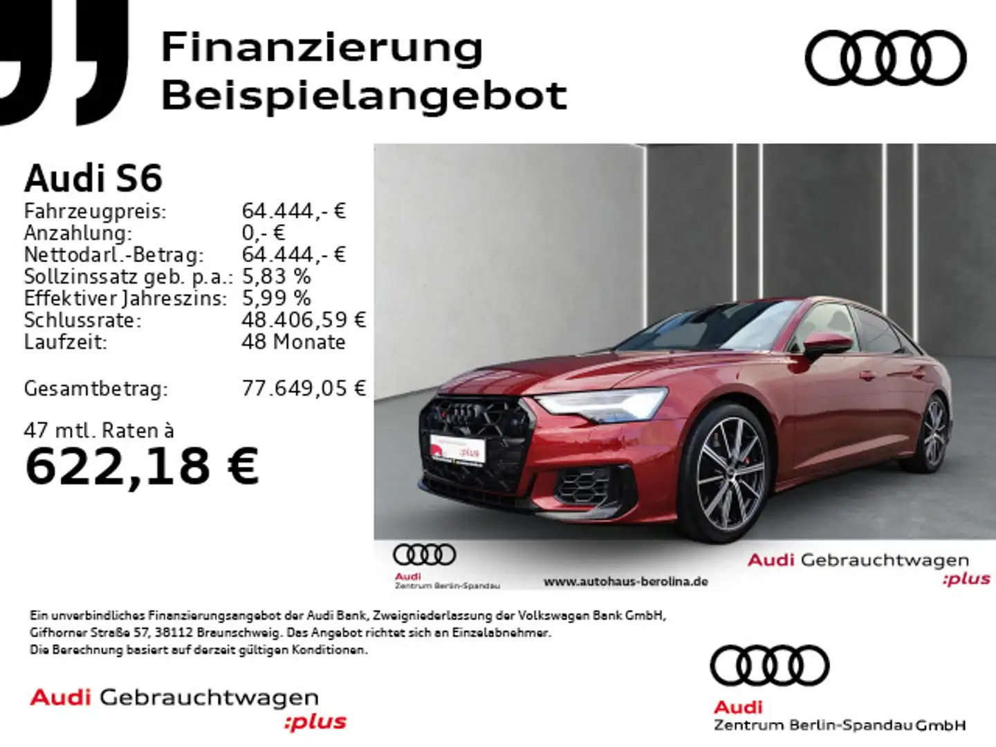 Audi S6 S6 Lim. *HD-MATRIX*HuD*B&O*LUFT*Assist+* Rot - 1