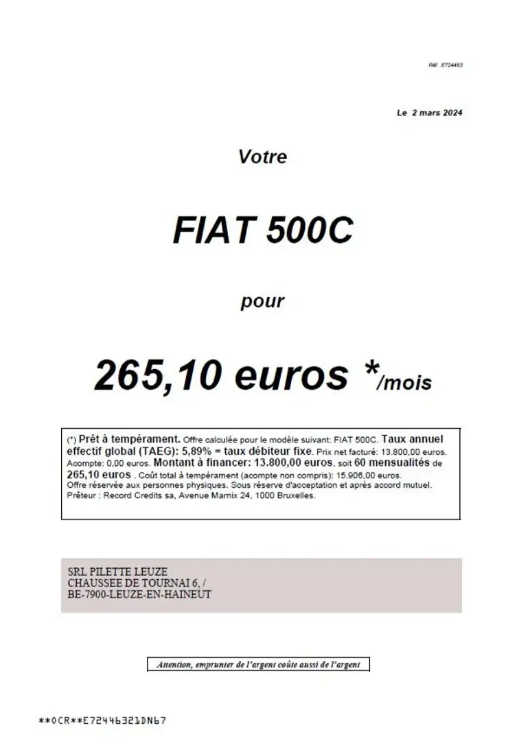 Fiat 500C 1.2i ECO Lounge*60x265.10€ Blauw - 2