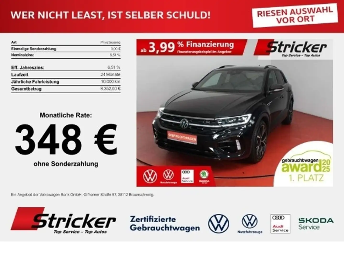 Volkswagen T-Roc R Black Style 2.0TSI DSG 348,-ohne Anzahlung Akr Schwarz - 1