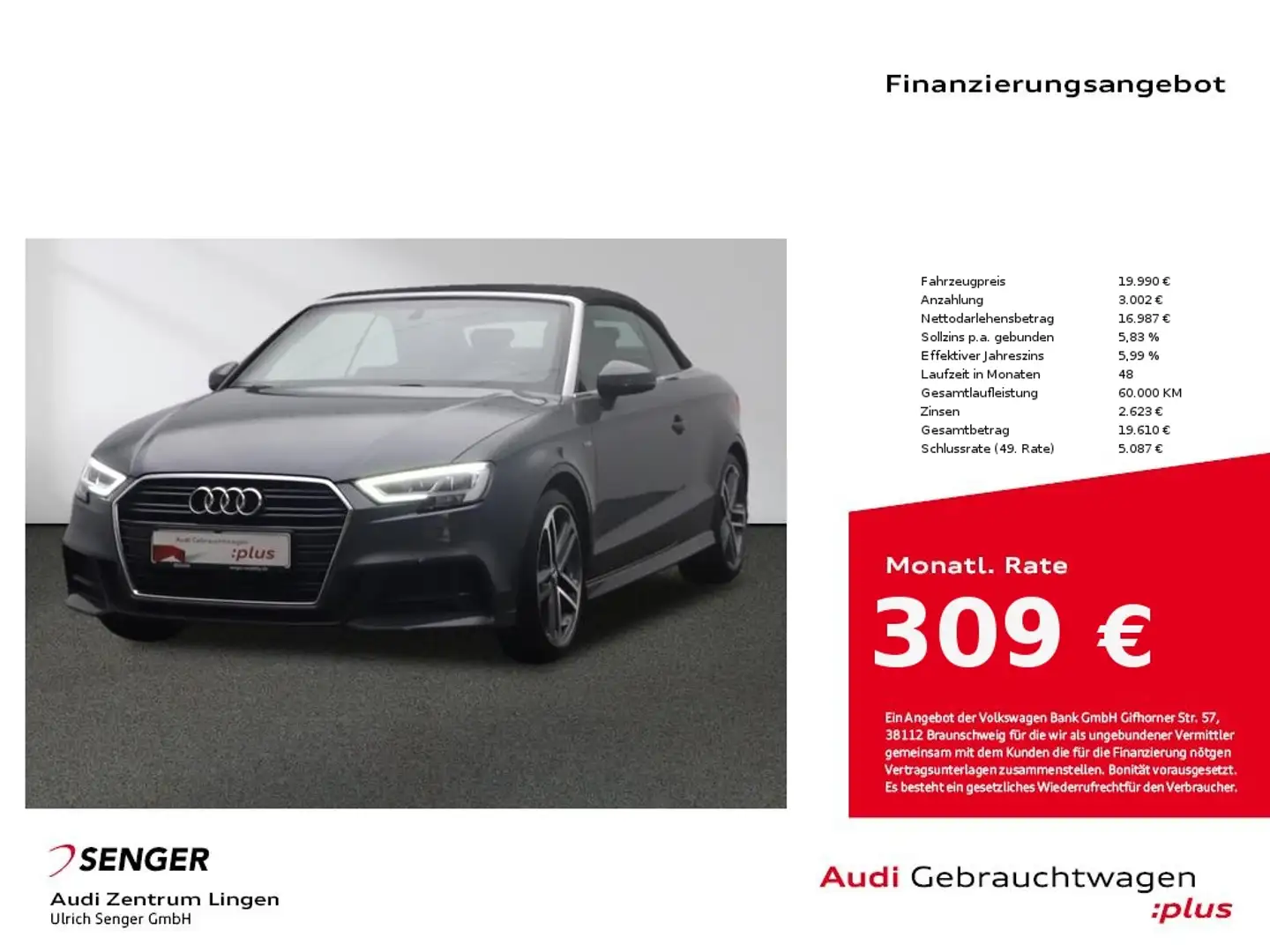 Audi A3 Cabriolet 35 TFSI S-Line LED MMIplus RFK Gris - 1
