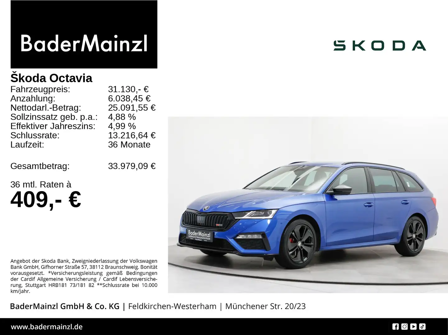 Skoda Octavia Combi RS 2.0 TDI DSG Navi HUD Matrix ACC Blau - 1