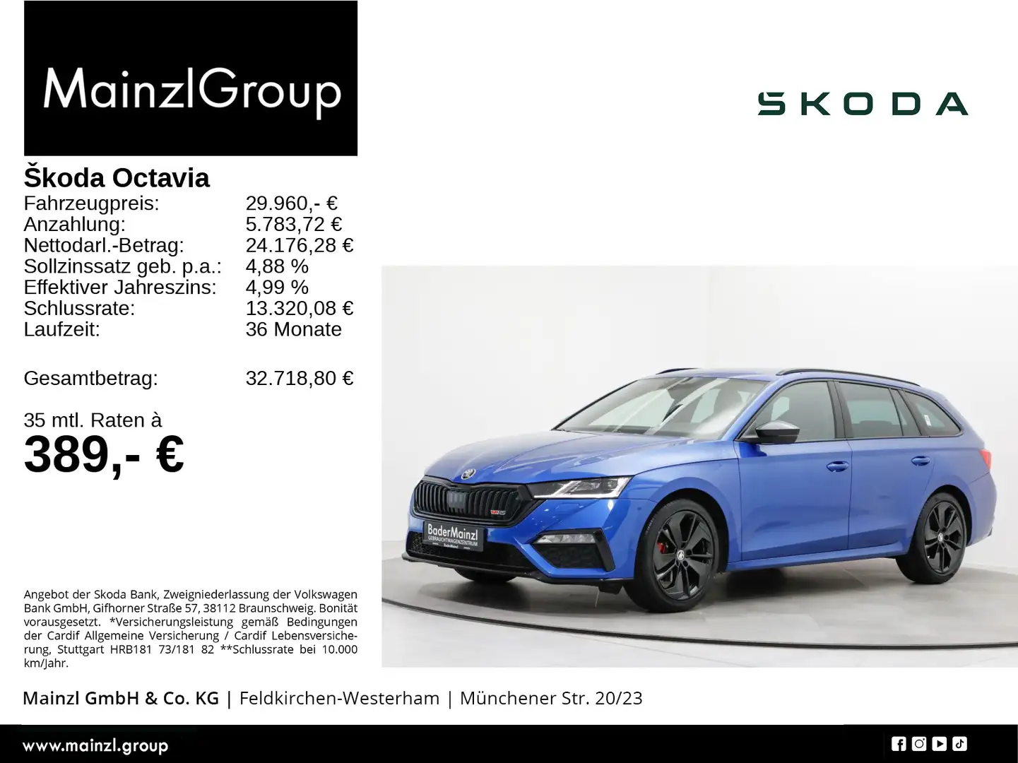 Skoda Octavia Combi RS 2.0 TDI DSG Navi HUD Matrix ACC Blau - 1