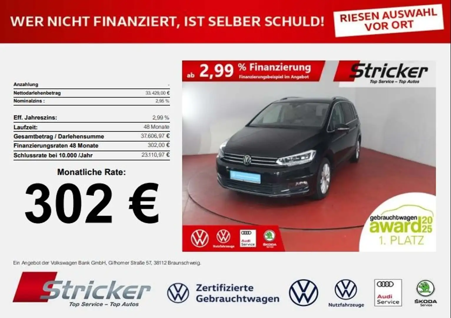 Volkswagen Touran Highline 2.0TDI DSG 302,-ohne Anzahlung AHK 7-Sit Schwarz - 1