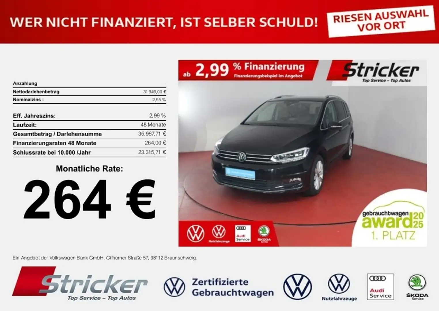 Volkswagen Touran Highline 2.0TDI 264,-ohne Anzahlung DSG AHK 7-Sit Schwarz - 1