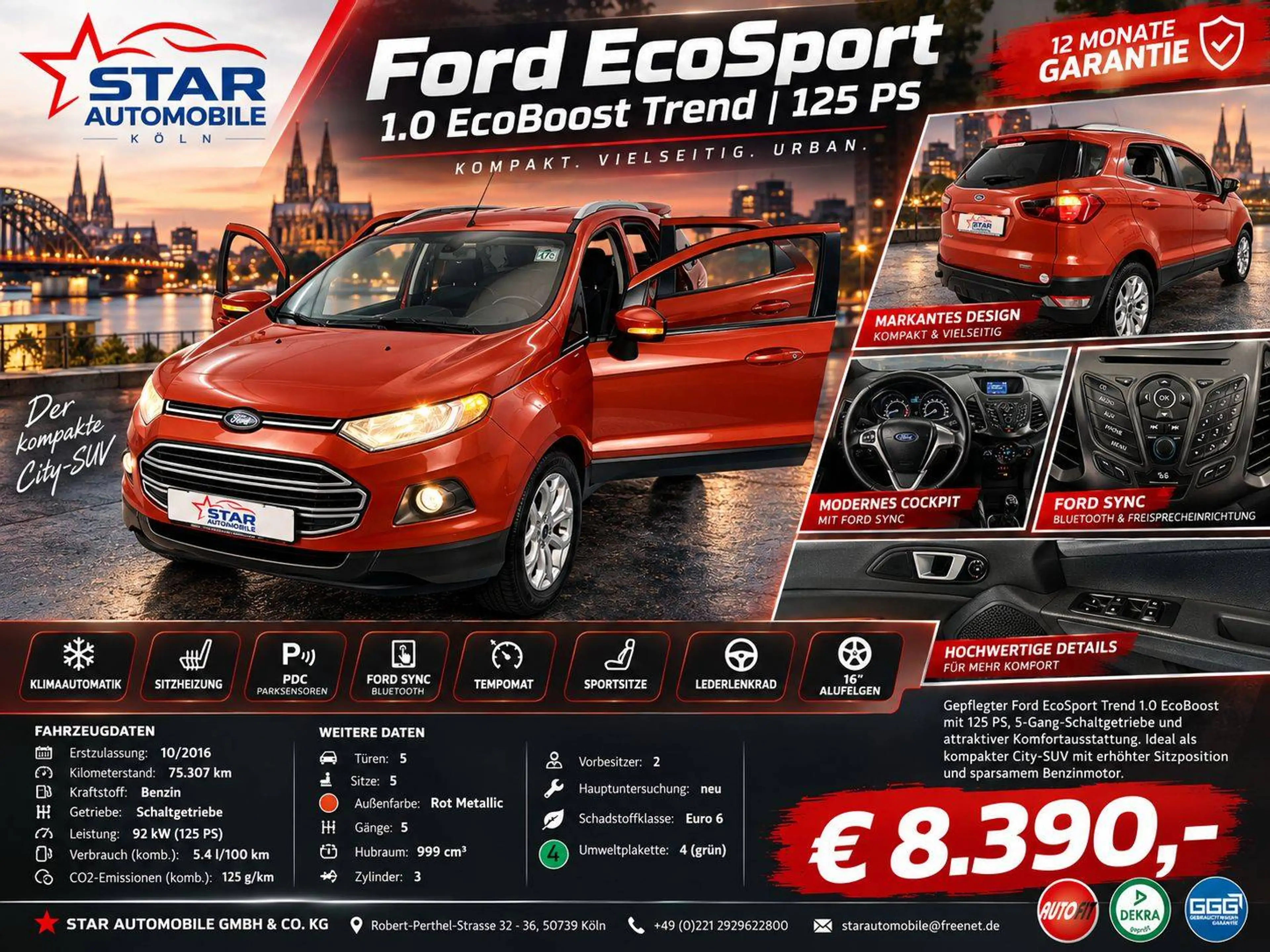 Ford EcoSport EcoSport 1.0 EcoBoost Trend | 125 PS | Klimaautomatik | SHZ | PDC | SYNC | 16" Alu / Berganfahrassistent / — photo 2