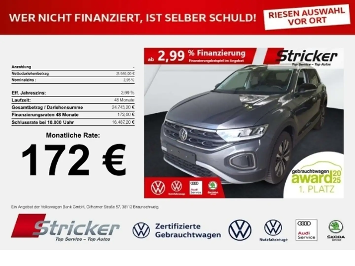 Volkswagen T-Roc Goal 1.0 TSI 172,-ohne Anzahlung Navi Travel Grau - 1