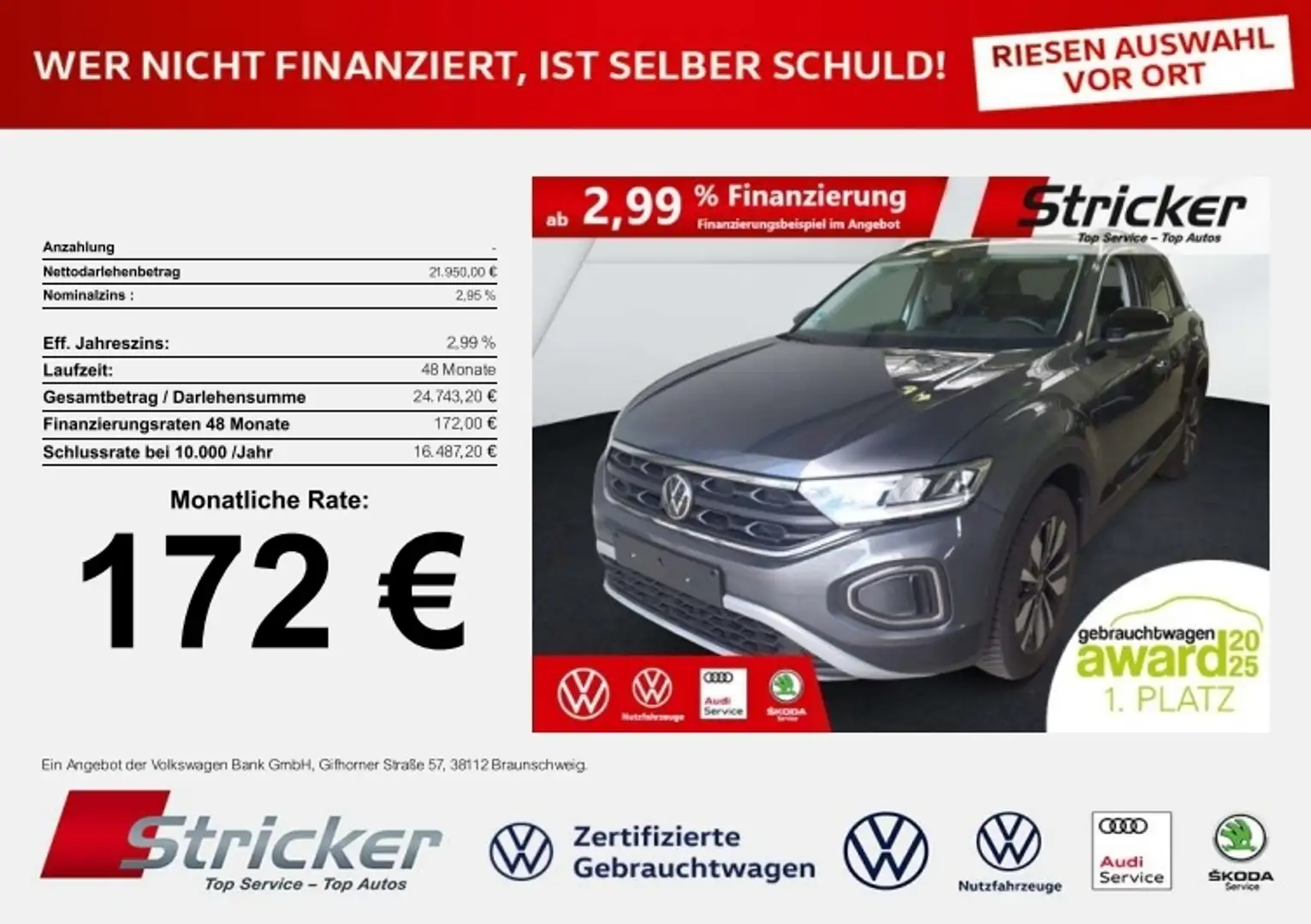 Volkswagen T-Roc Goal 1.0 TSI 172,-ohne Anzahlung Navi Travel Grau - 1