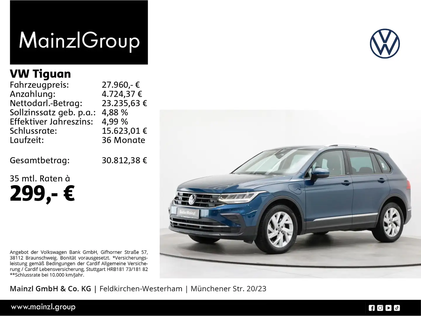 Volkswagen Tiguan 1.4 eHybrid DSG Active AHK Pano Kam. ACC Blau - 1