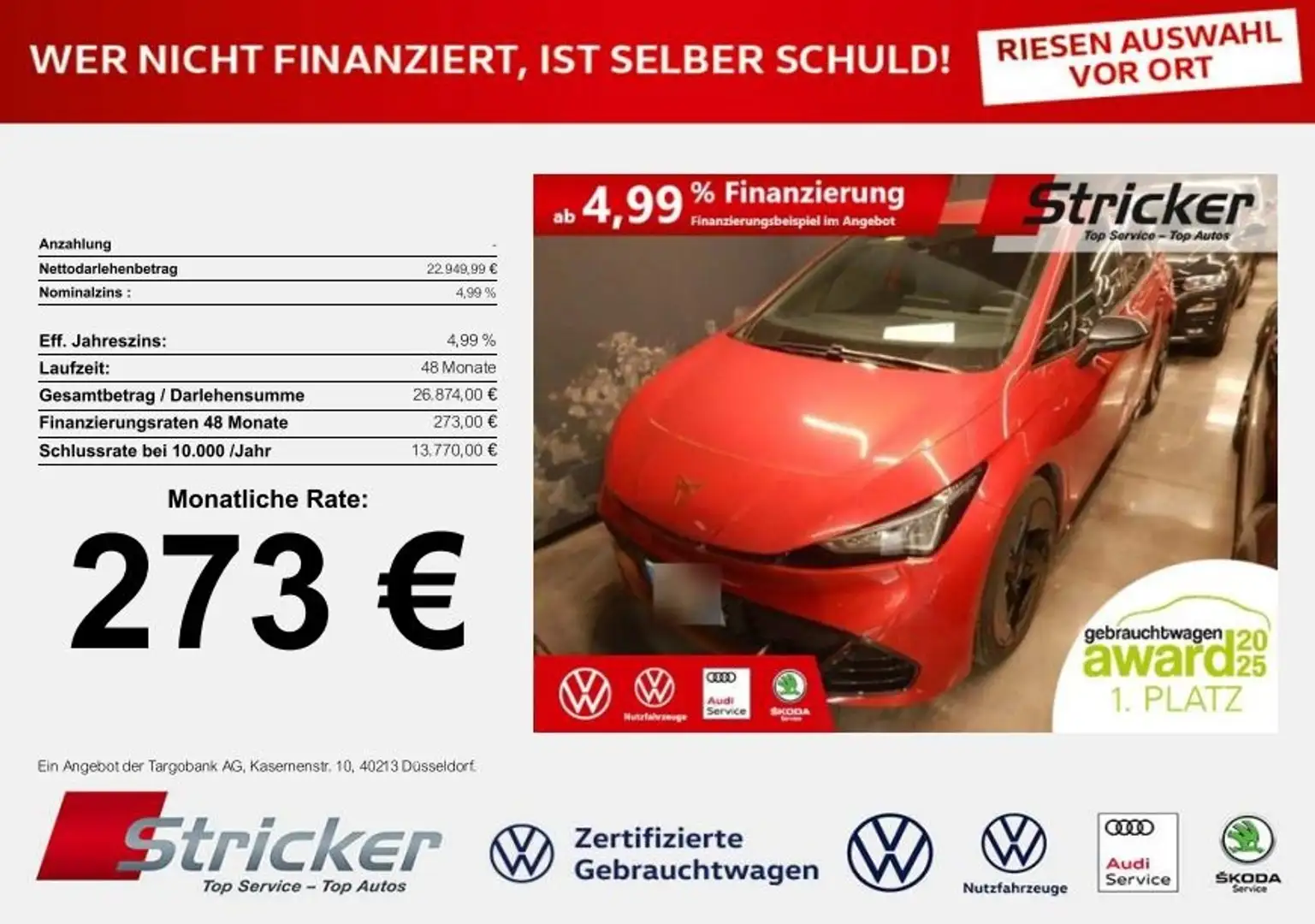 CUPRA Born 150/58 273,-ohne Anzahlung 20 Zoll Navi Kamera Rot - 1