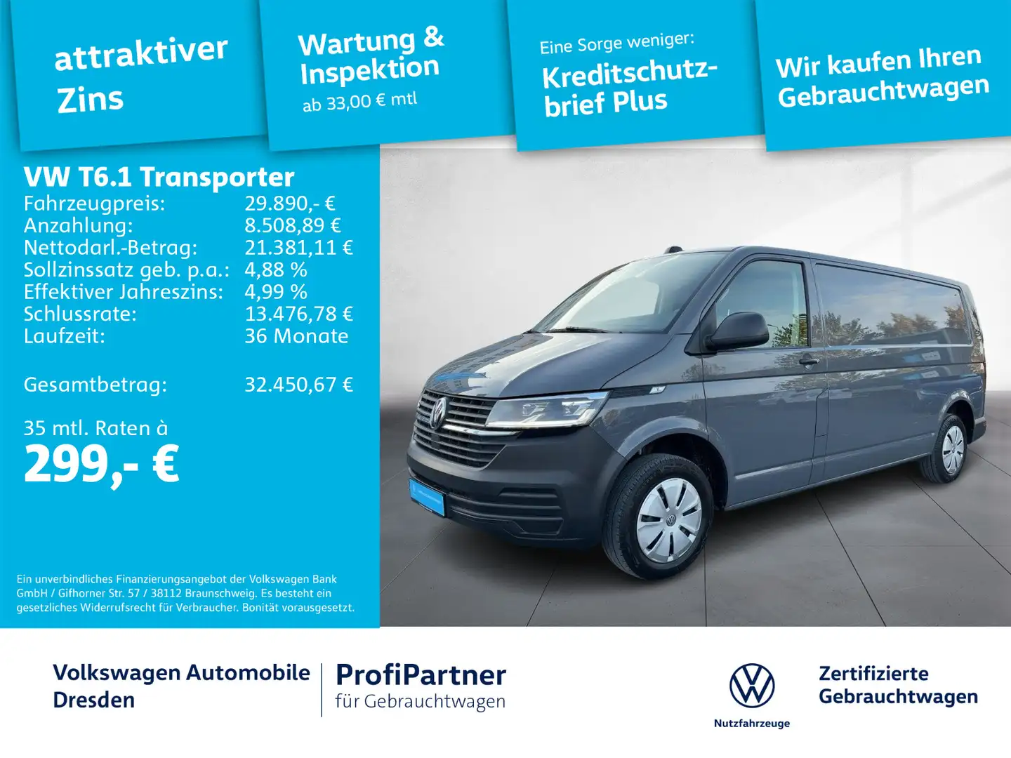 Volkswagen T6.1 Kasten LR DSG KLIMA LED NAV PDC HOLZBODEN Gris - 1