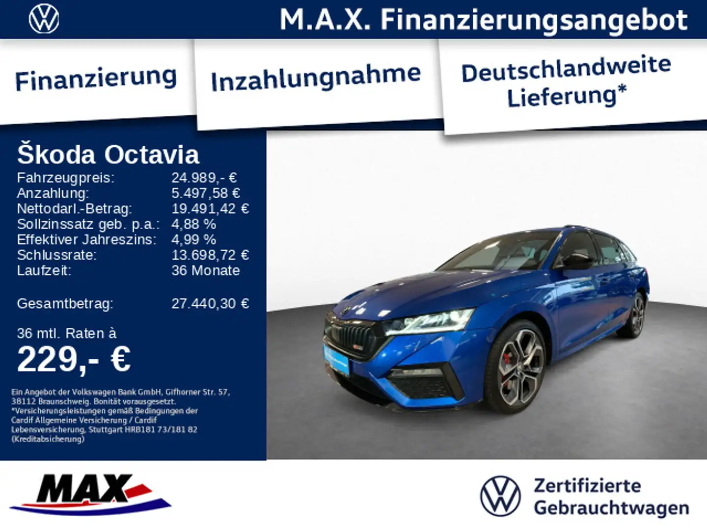 Skoda Octavia Combi RS iV 1.4 eTSI MATRIX+PANO+NAV+HUD Blau - 1