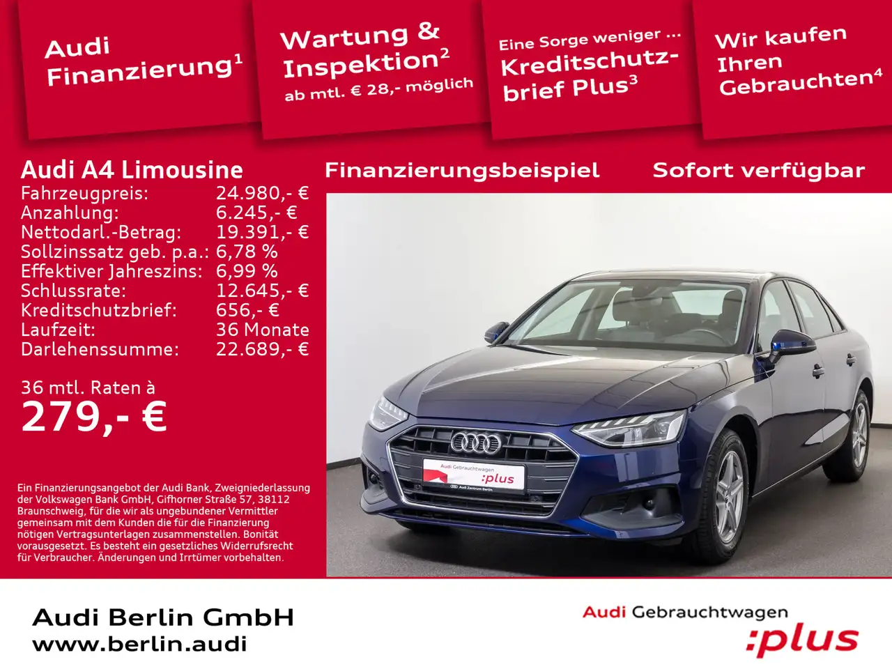 Audi A4 Berline in Blauw tweedehands in Berlin voor € 24.980,-