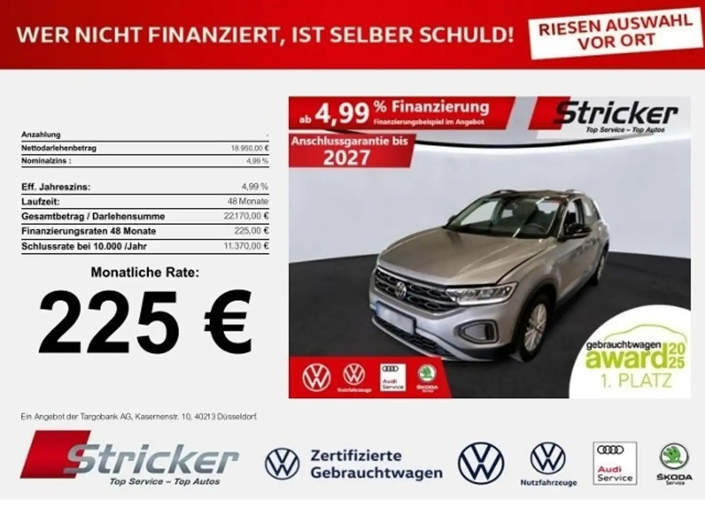 Volkswagen T-Roc Life 1.0TSI 225,-ohne Anzahlung AHK ACC App-Conne Silber - 1