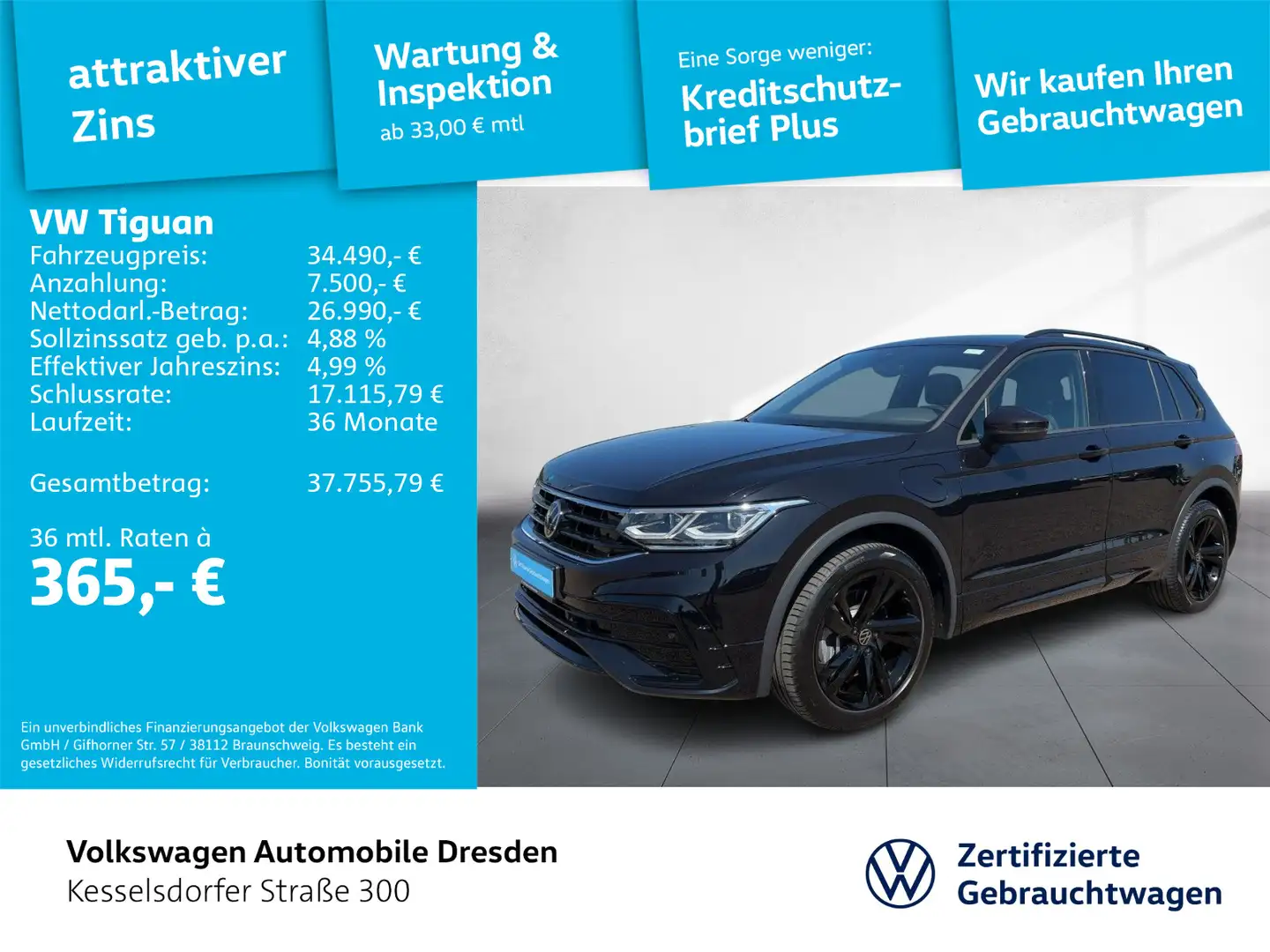 Volkswagen Tiguan 1.4 e Hybrid R-Line AHZV ACC Pano Navi LE Schwarz - 1