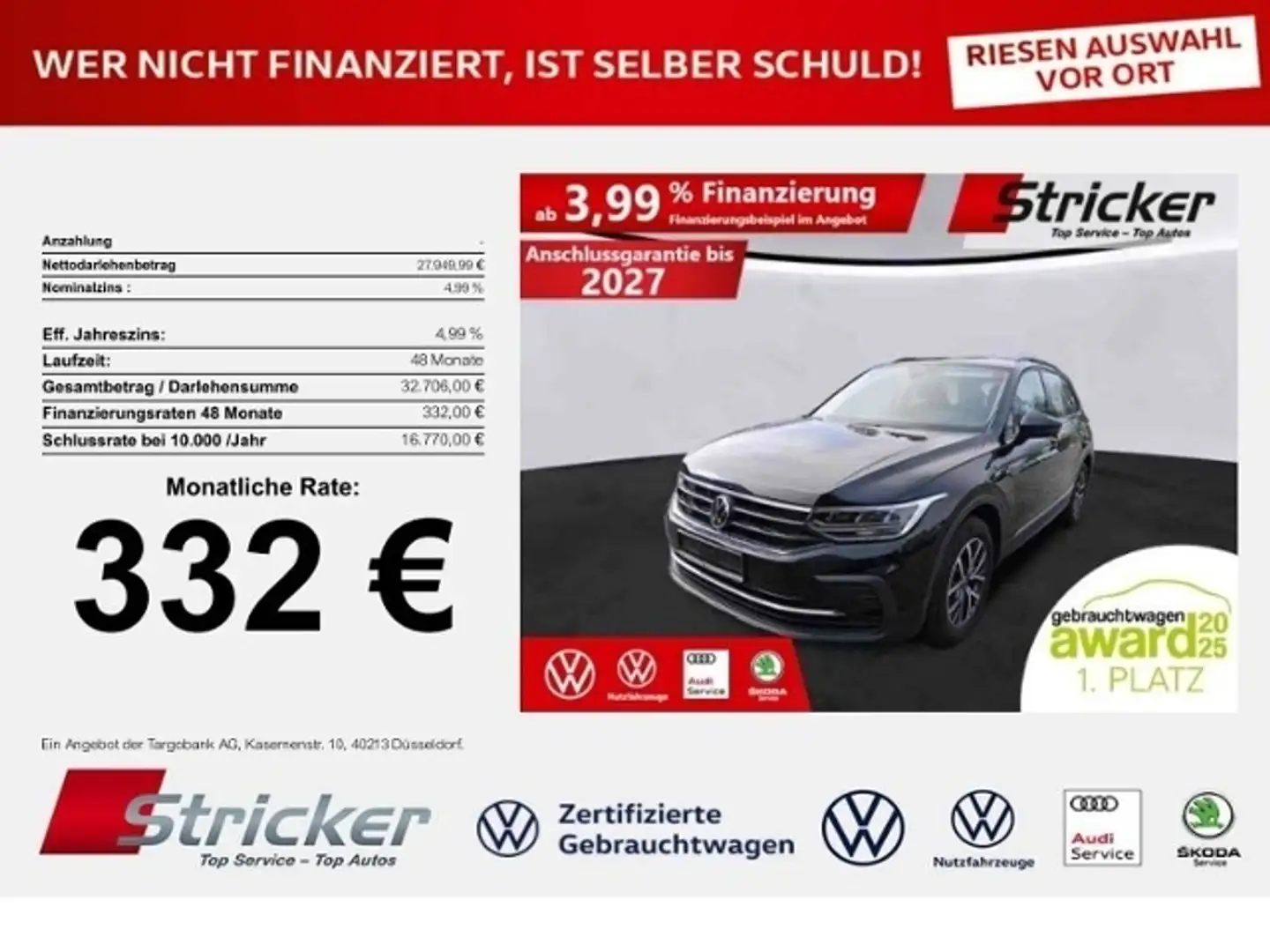 Volkswagen Tiguan Life 2.0TDI DSG 332,-ohne Anzahlung Navi AHK Kame Schwarz - 1